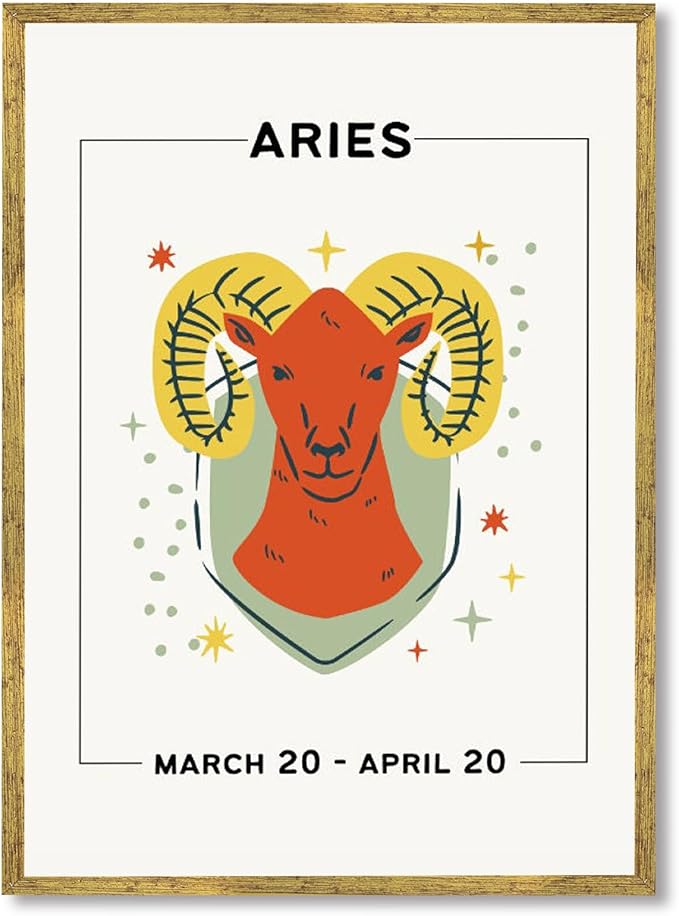 Framed Aries Zodiac Sign Poster Canvas Print Art Cute Boho Wall Art Painting Pictures for Living Room Home Decor Decoration Dorm Room Art Print Wall Decor (Gold Framed,12L x16W)