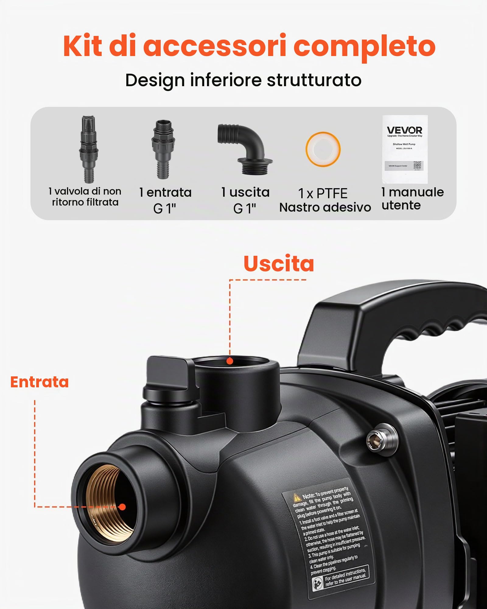 VEVOR Pompa a Getto per Pozzi Poco Profondi 800 W Materiale in PP, Pompa a Getto Flusso max 3300 L/h per Irrigazione da Giardino Prato Cortile Prevalenza 8 m con Protezione da Surriscaldamento