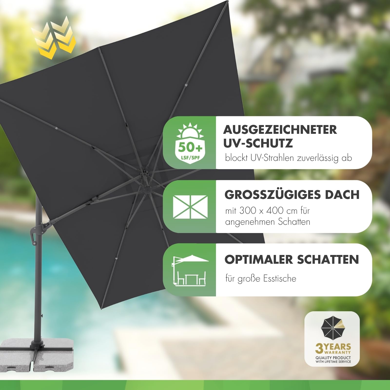 Doppler Pendelschirm Jack 300x400cm, Anthrazit, mit Kurbel, UV-Schutz 50+ | Rechteckiger Gartenschirm, Alu-Gestell, schrägstellbar, beidseitig schwenkbar & 360° drehbar, inkl. Standkreuz