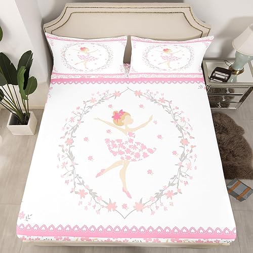 Miniatura 2 de Juego de sábanas de ballet para niñas, tamaño individual, estampado botánico, floral, sábana bajera ajustable para decoración de bailarina, juego de