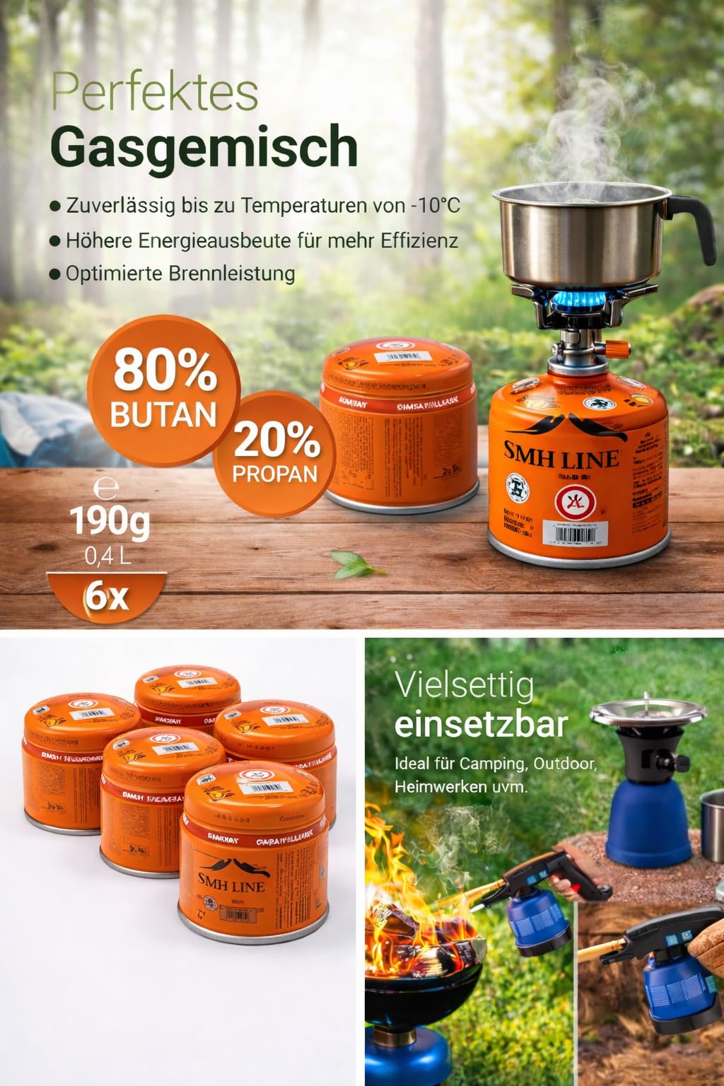 SMH LINE® Lot de 12 cartouches de gaz butane perçables universelles de 190 g avec valve de sécurité, brûleur Bunsen, gaz propane, réchaud de camping, chauffage à gaz, chalumeau, système d'arrêt de gaz
