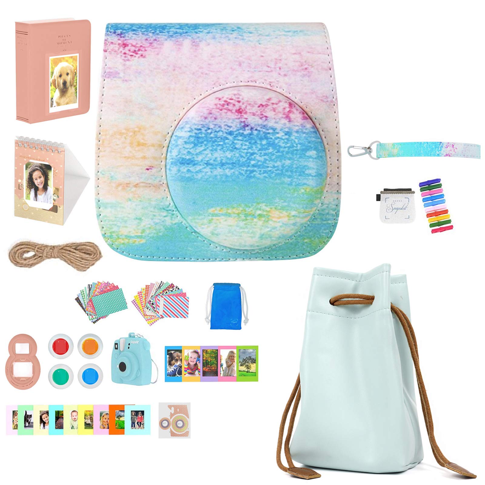 Fujifilm Instax Mini 9 Camera Accessories Bundle, Rainbow Mist Instax Mini Case + Strap 16 Pc Kit Includes: 2 Photo Albums, Accessory Bag, 3D Keychain Selfie Lens, Color Filters, 60 Stickers, Gift Set