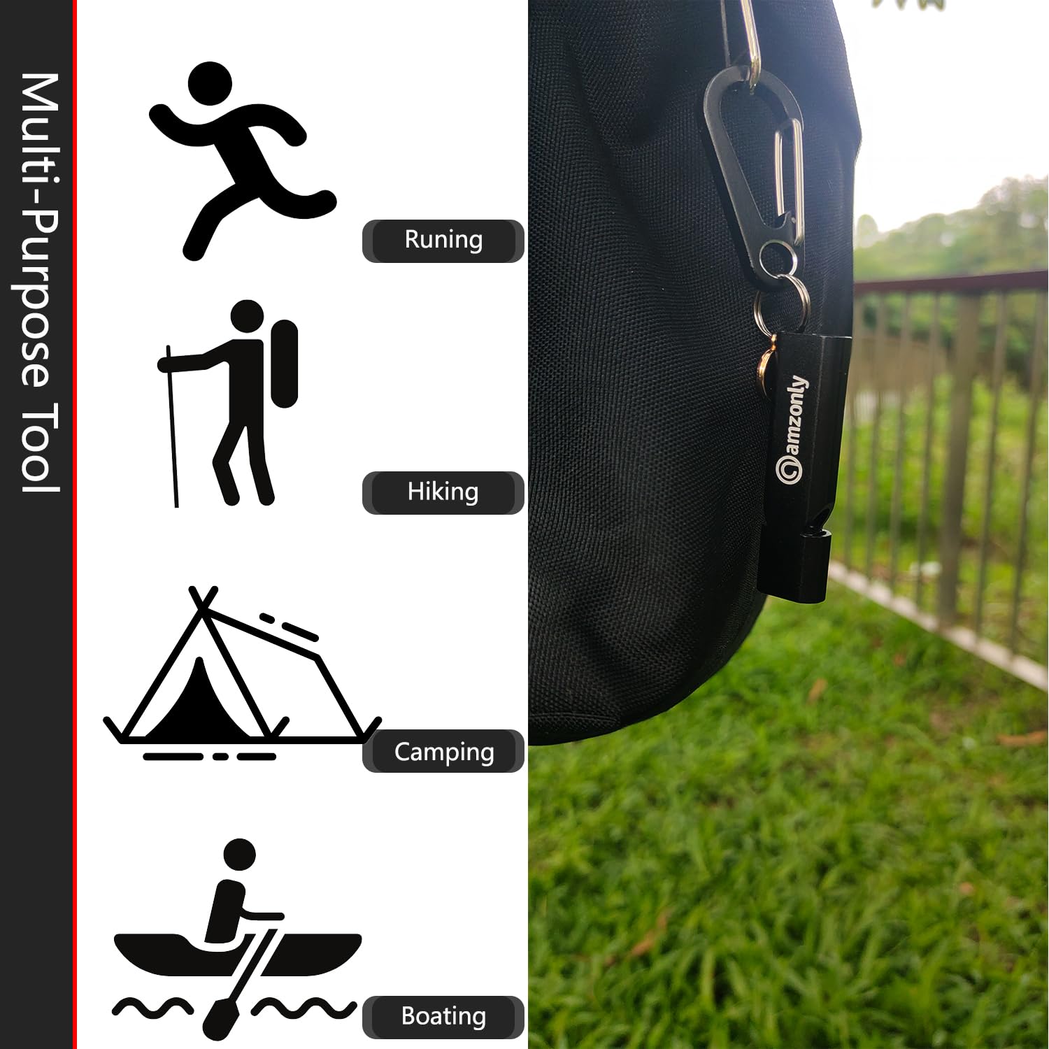 Amzonly Silbatos de emergencia, silbato de seguridad de 120 dB con clip de mosquetón para llavero, supervivencia fuerte para camping, senderismo, barco, 2 unidades, color negro