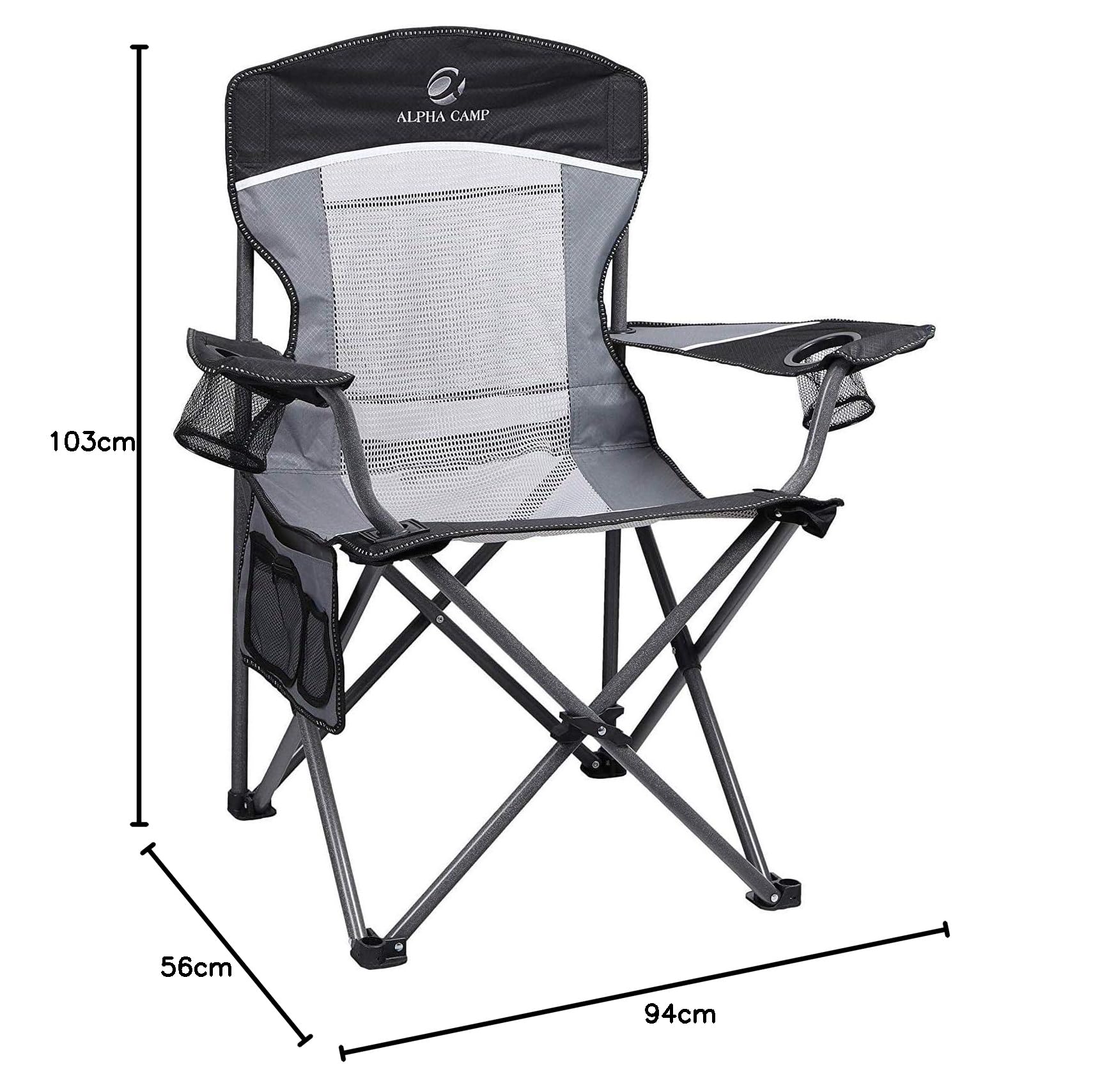 HIGH POINT SPORTS Campingstuhl Faltbar Angelstuhl Mesh-Rücken Klappstuhl | Camping Stuhl 160 kg Belastbar Anglerstuhl mit Armlehne Getränkehalter Stahlrahmen Tragbar Campingsessel (Schwarz)