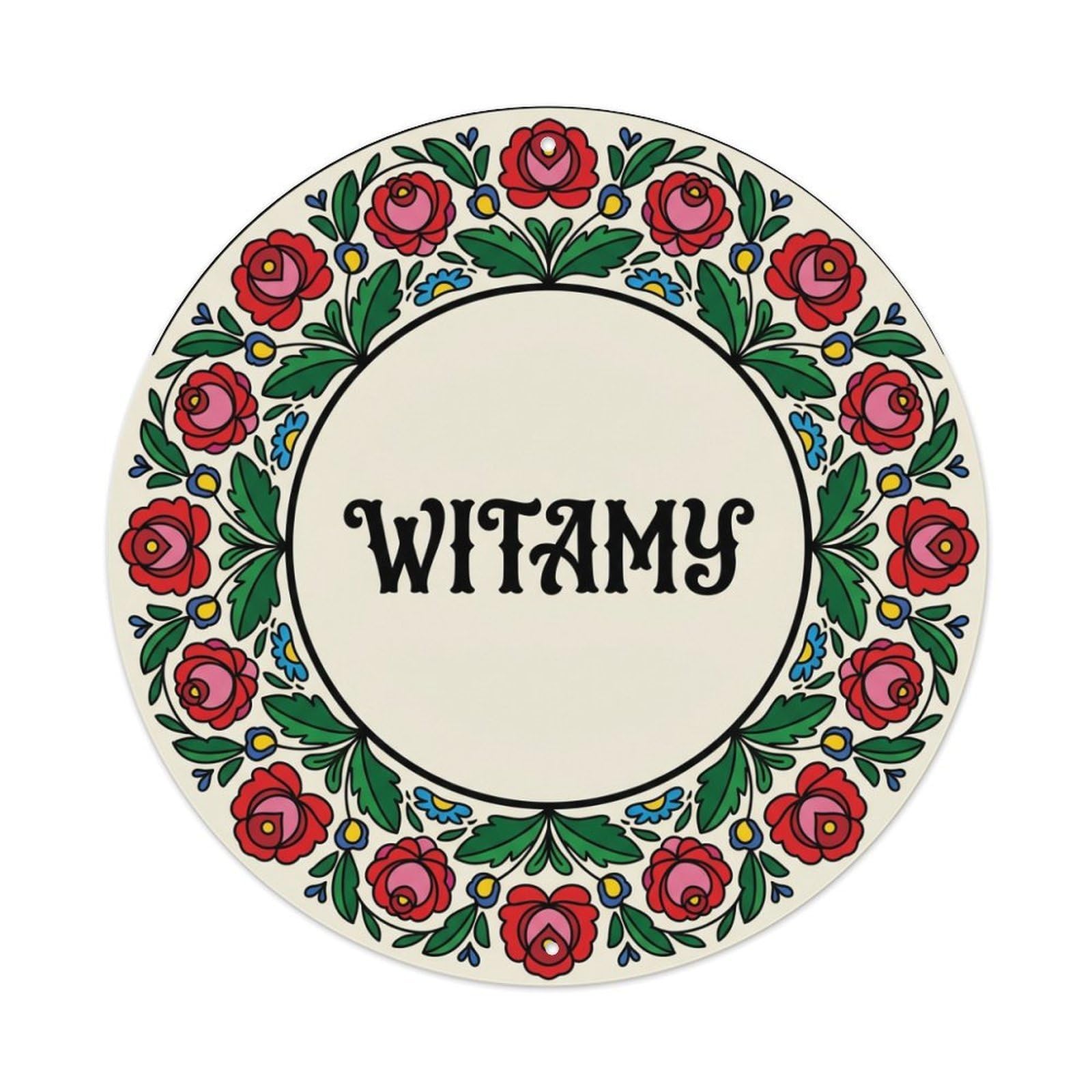Fyrn Style Metal Tin Sign Vintage Polish Folk Art Witamy Welcome Rose Border