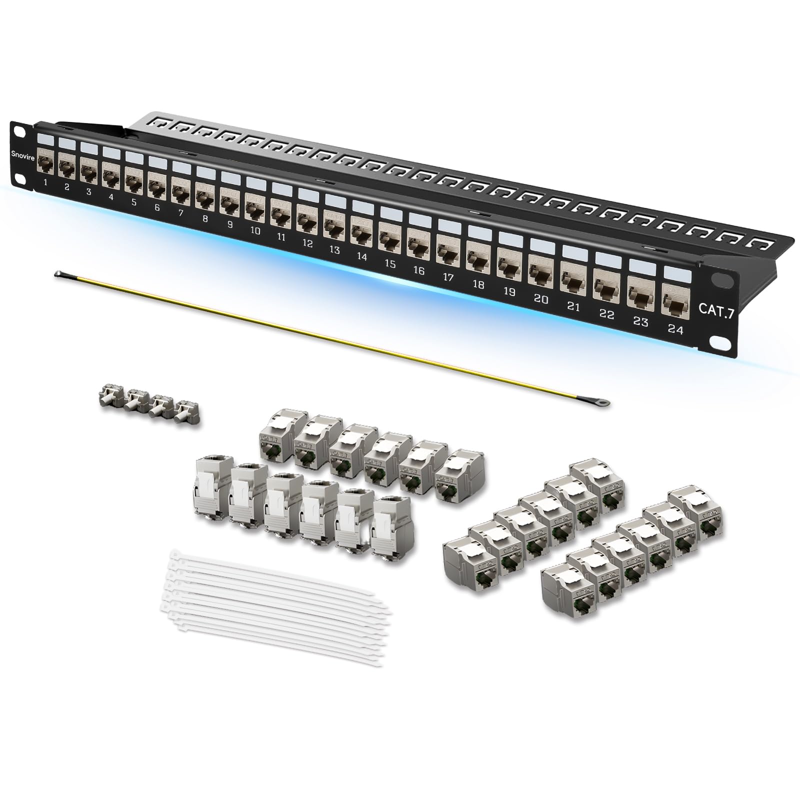 CAT 7 Patchpanel Verteilerfeld 24 Port, 19 Zoll Patchpanel Set mit 24x Cat7 Keystone Module Geschirmter, Rackeinbau RJ45 LAN Netzwerk 10Gbps/550MHz, mit EMI/RFI-Schutz und Kabelmanagement-Kit