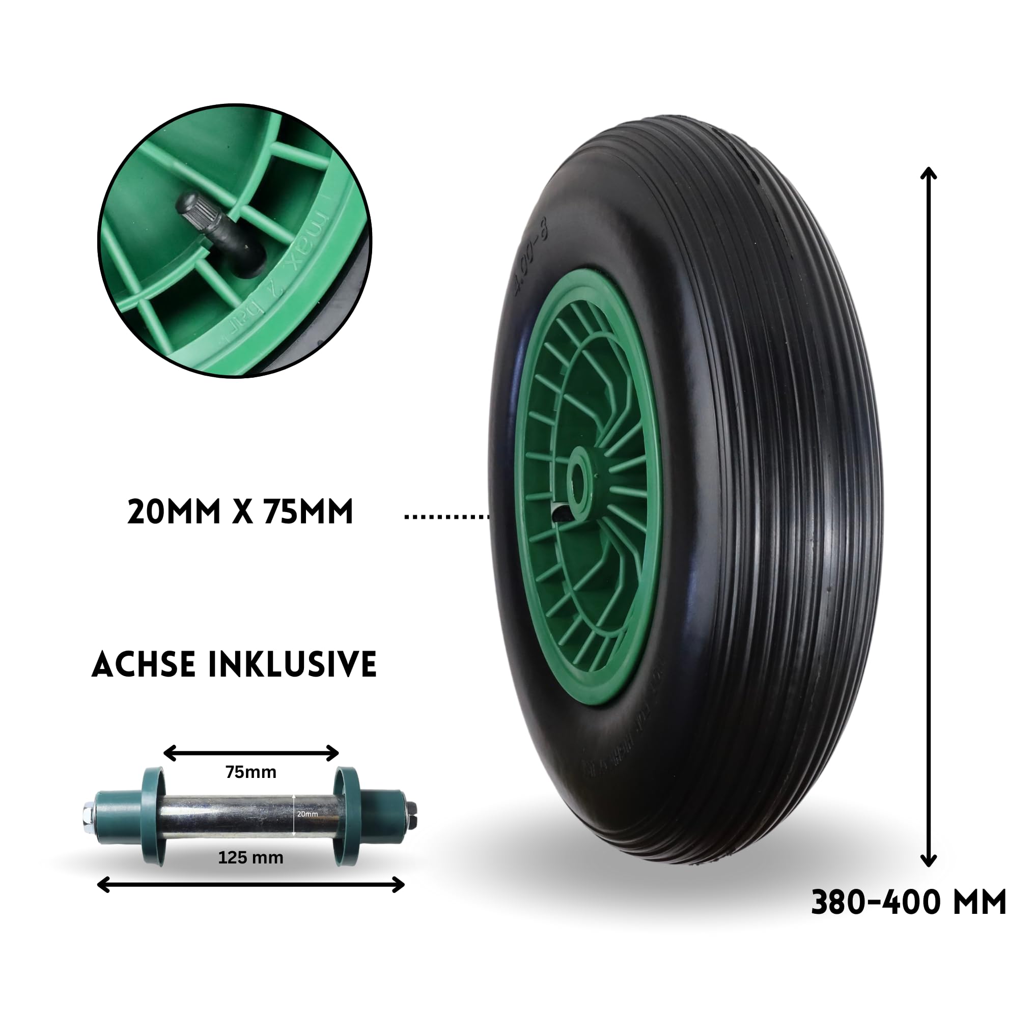 Shivler Schubkarrenrad – Luftbereift, 400mm, Mit Autoventil, Für Gartenkarre, DE