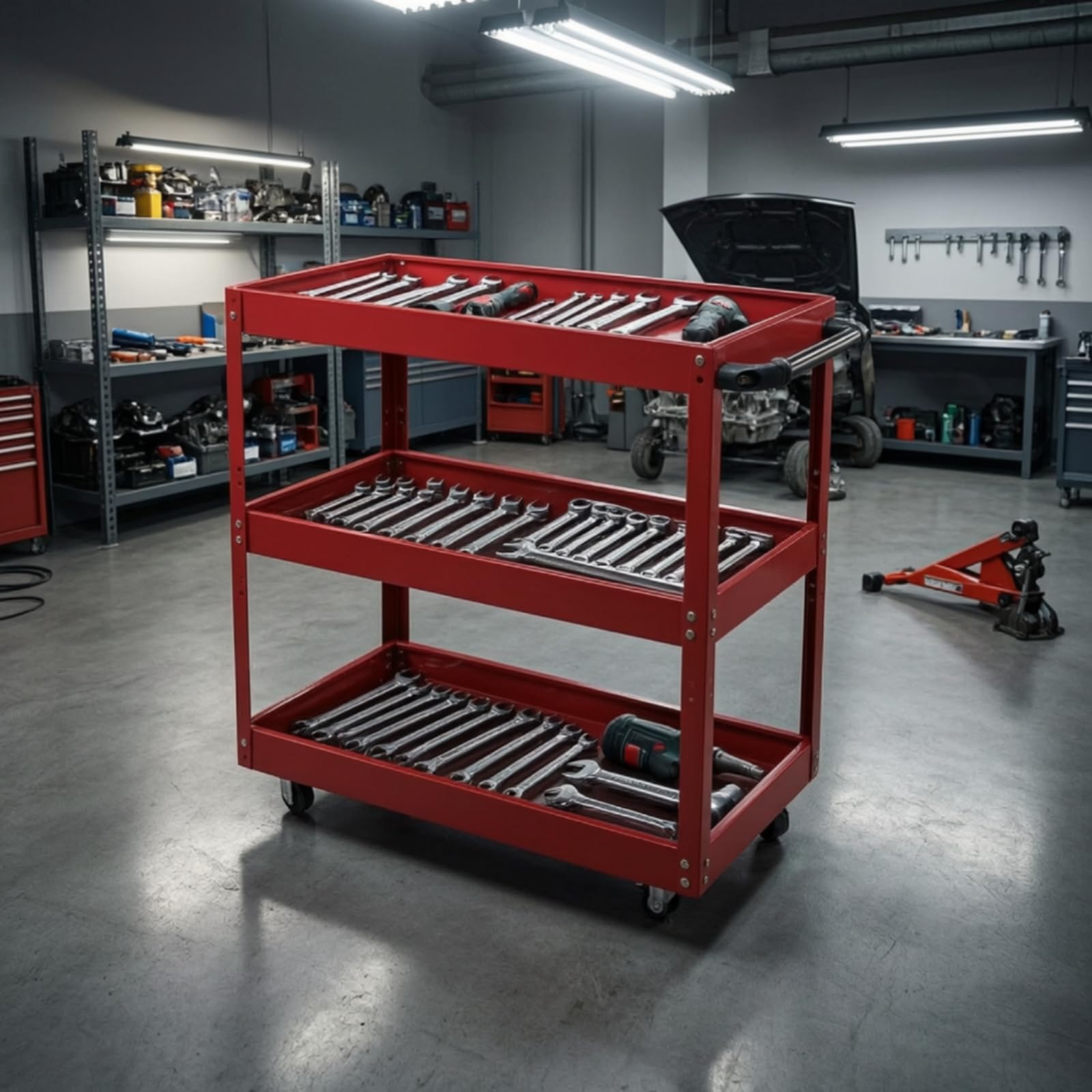 Carrello Portautensili a 3 Ripiani Mobile Carrello da Officina con Ruote Silenzioso per Artigiani, Garage, Modello HM4050
