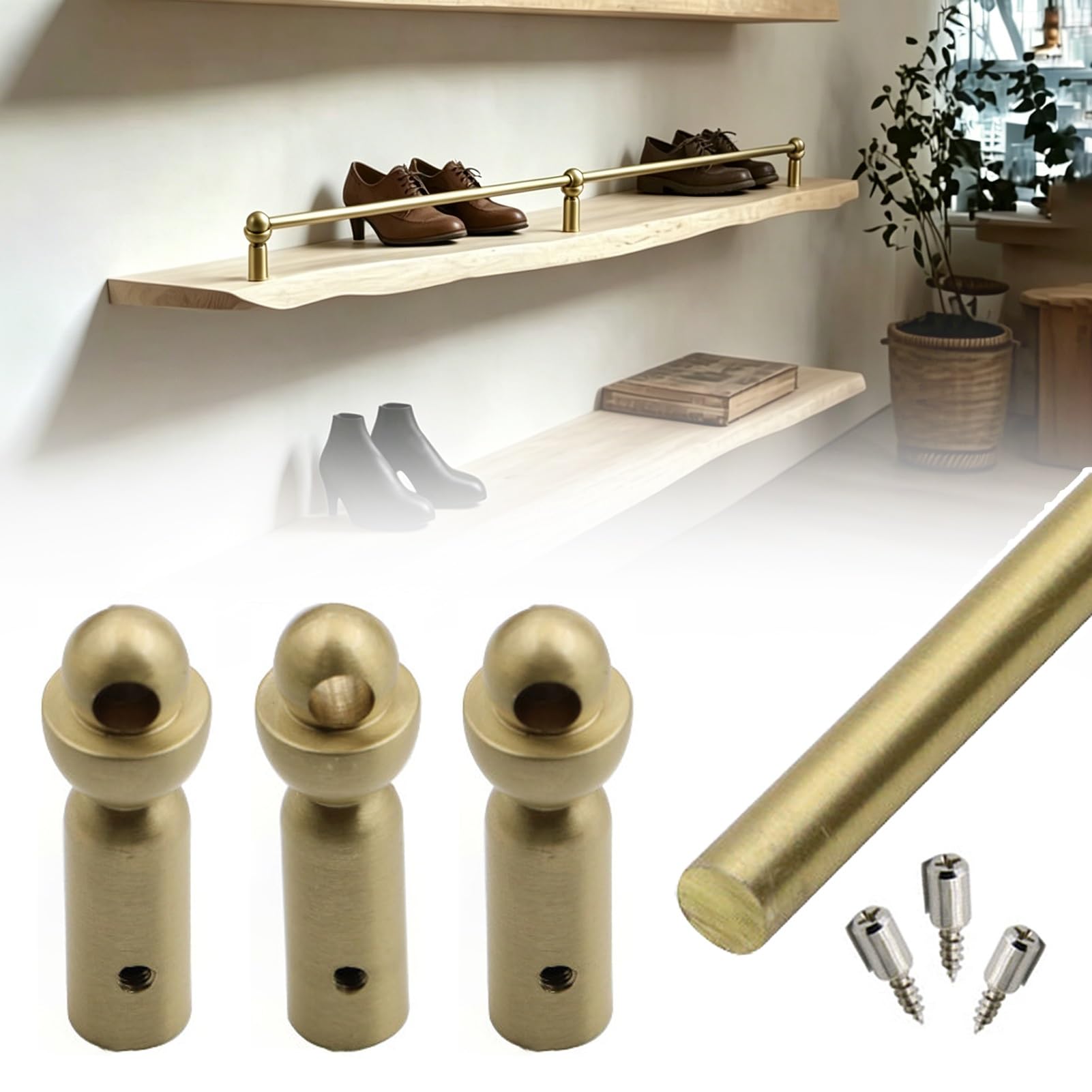 MRVAKDYDI Long Floating Shelf Railing Rod, Gold Brass Shelf Guard Rail, 4 Piece Set With 3 Spindles, Multiple Sizes, For Shelves(39in/99cm)