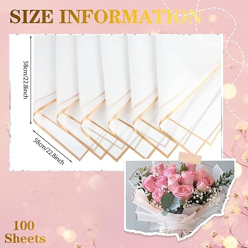 Vista 2 de CCINEE 20 hojas de papel para envolver flores con borde dorado, impermeable, material de embalaje de flores frescas, suministros de ramo de Golden