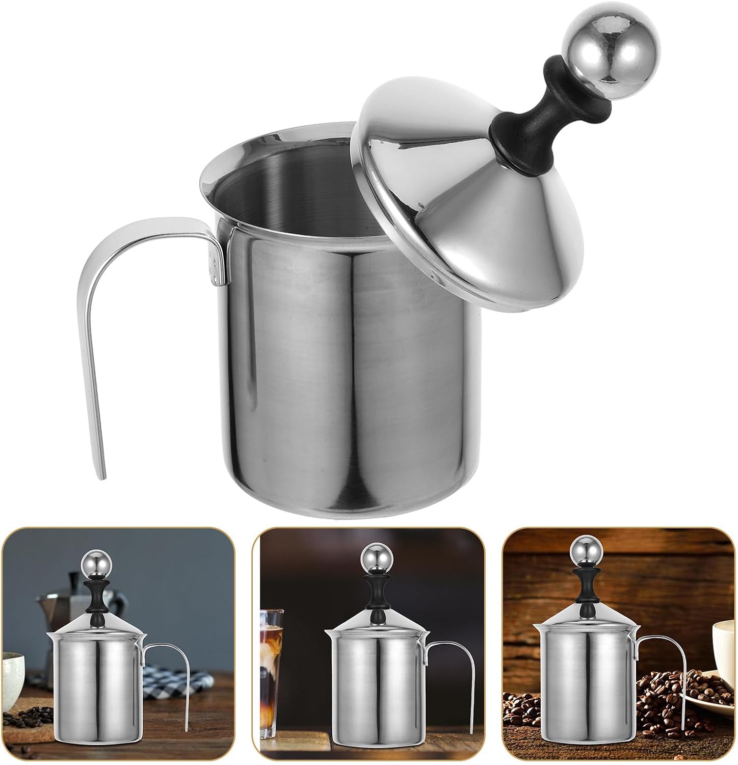 SHOWERORO Manual Stainless Steel Milk Frother Handheld 400ml Double Layer Cream Frother for Coffee Latte Home and Travel Use