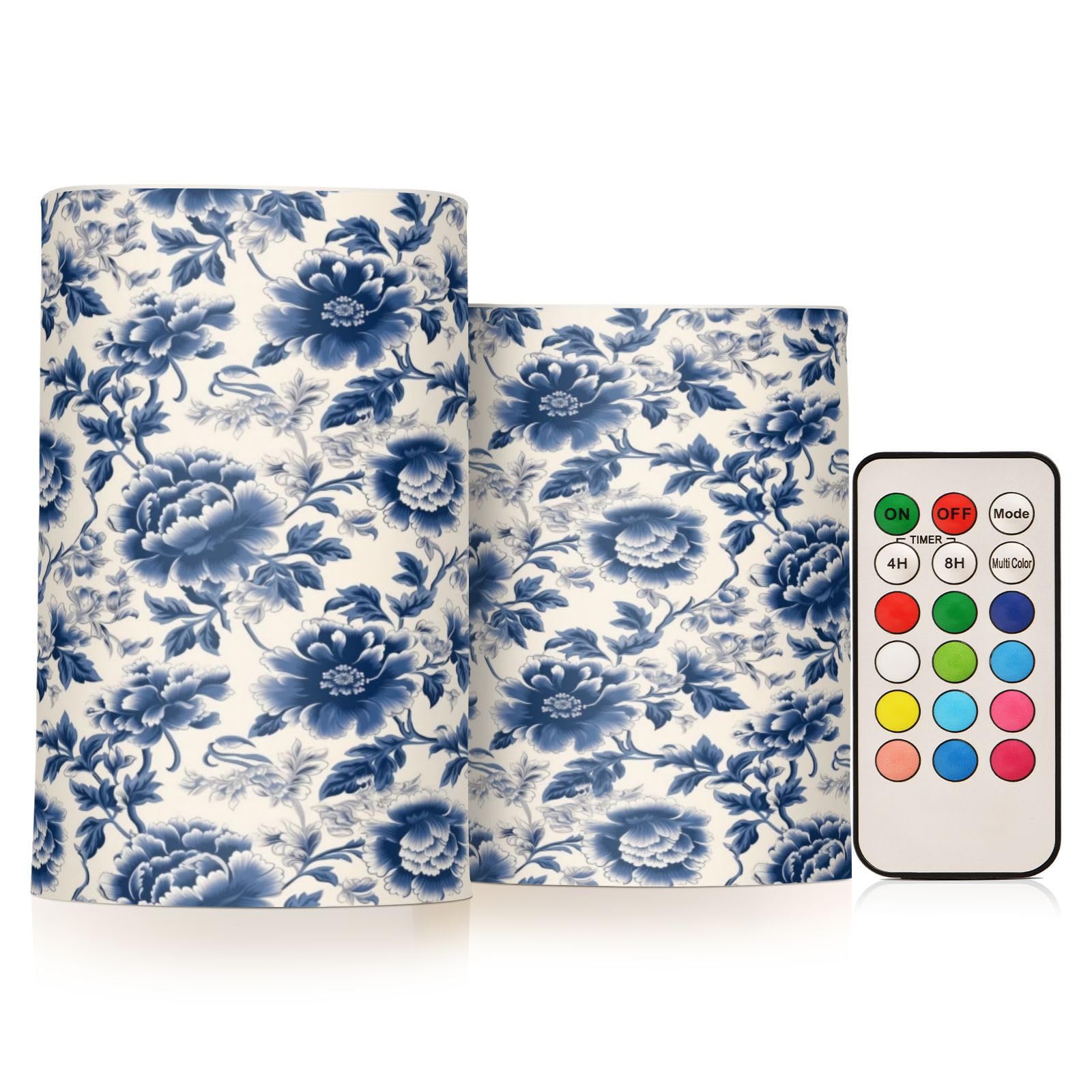 ALAZA Navy Blue Floral Flickering Flameless Candles Battery Operated with Remote Timer,Tea Light Candles LED Pillar Votive Candles set of 2 for Outdoor Indoor Decorations