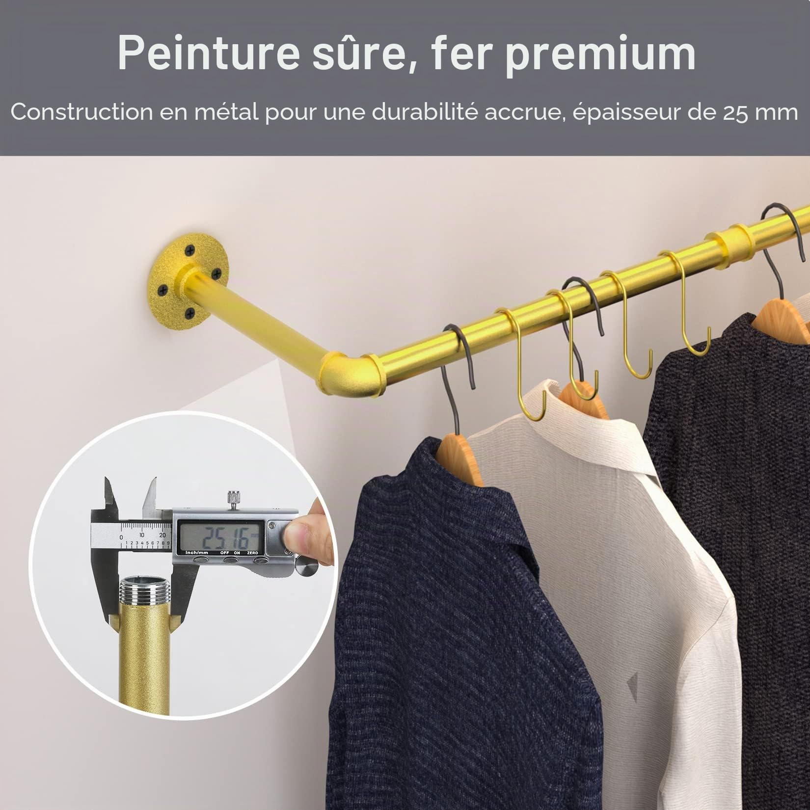unho Penderie Murale Vêtement Suspendue: Portant à Vêtement Mural Industriel Solide Porte Manteau Mural Design Tringle Vêtement Murale Amovible - 180x28x2.5cm Doré