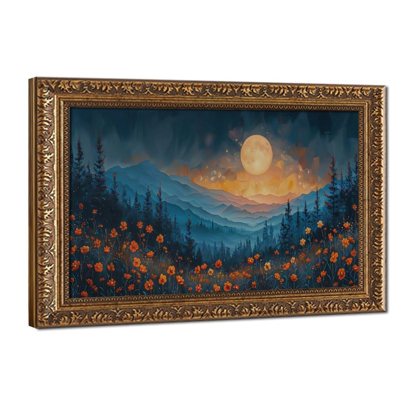 Bareronor Moonlit Wildflower Mountain Canvas Poster Bedroom Decor Landscape Office Room Decor Gift 16" L X 24" W