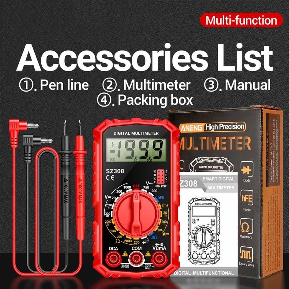 Detailed parameter table for the SZ308 Multimeter, showing functions, ranges, resolutions, and precisions.