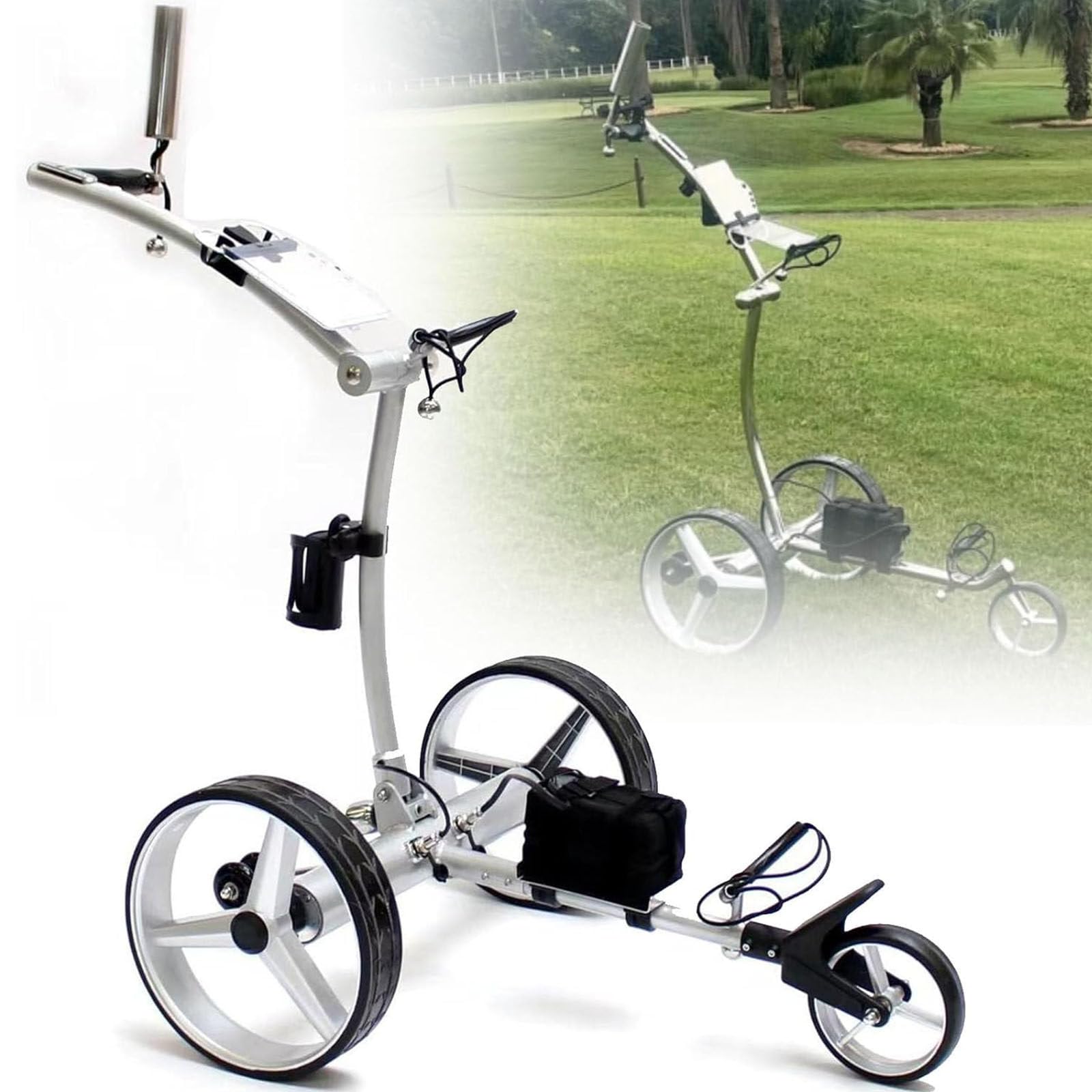 Carrito de golf eléctrico, ligero, control remoto, capacidad de escalada de 30 grados, sin ruido, 3 ruedas, mango práctico, marcador y soporte