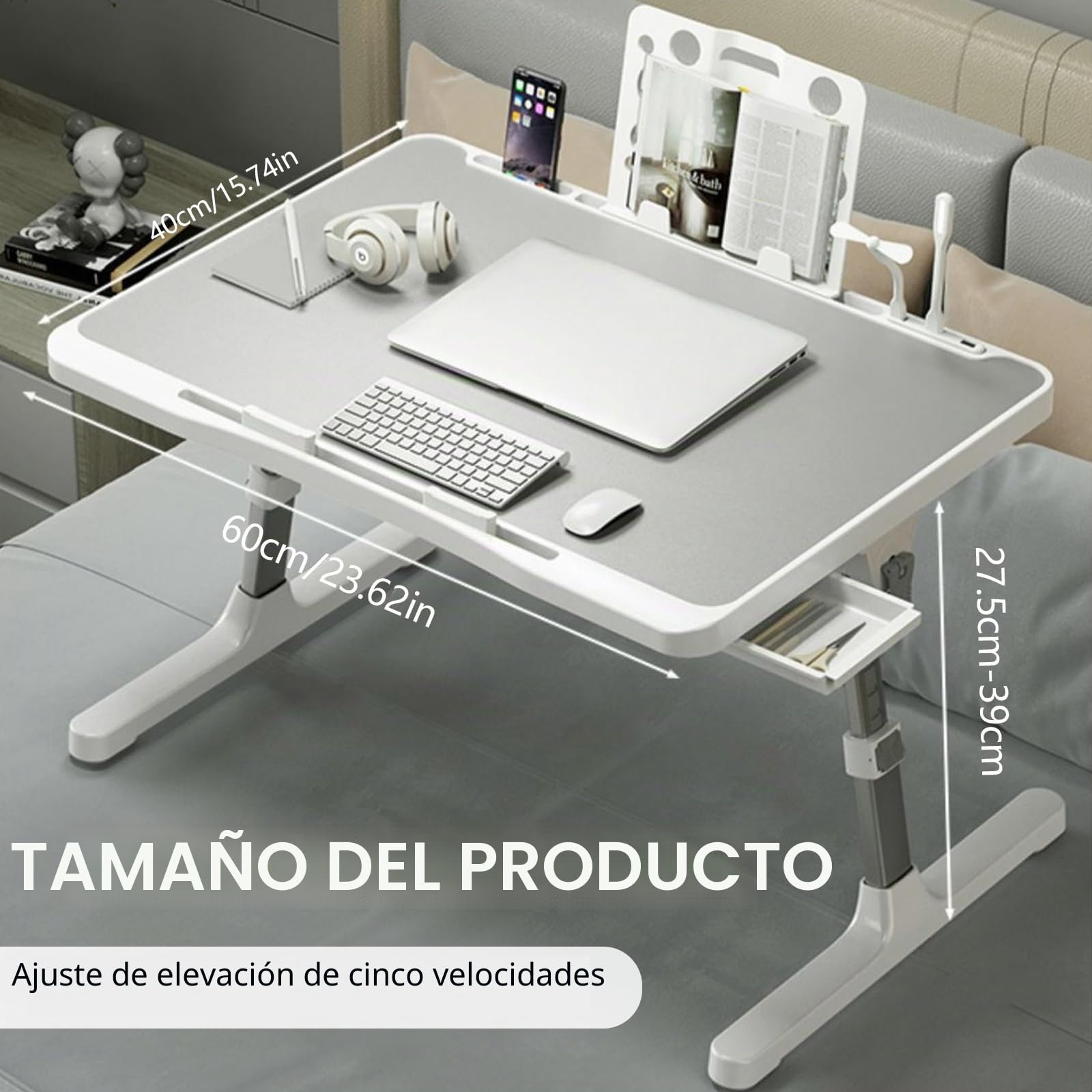 Mesa para PortáTil, Bandeja De Cama Ajustable En Altura Mesita De Noche Plegable con CajóN Estante LáMpara De Escritorio USB Y Ventilador para Cama Sofá Suelo 60 X 40 Cm
