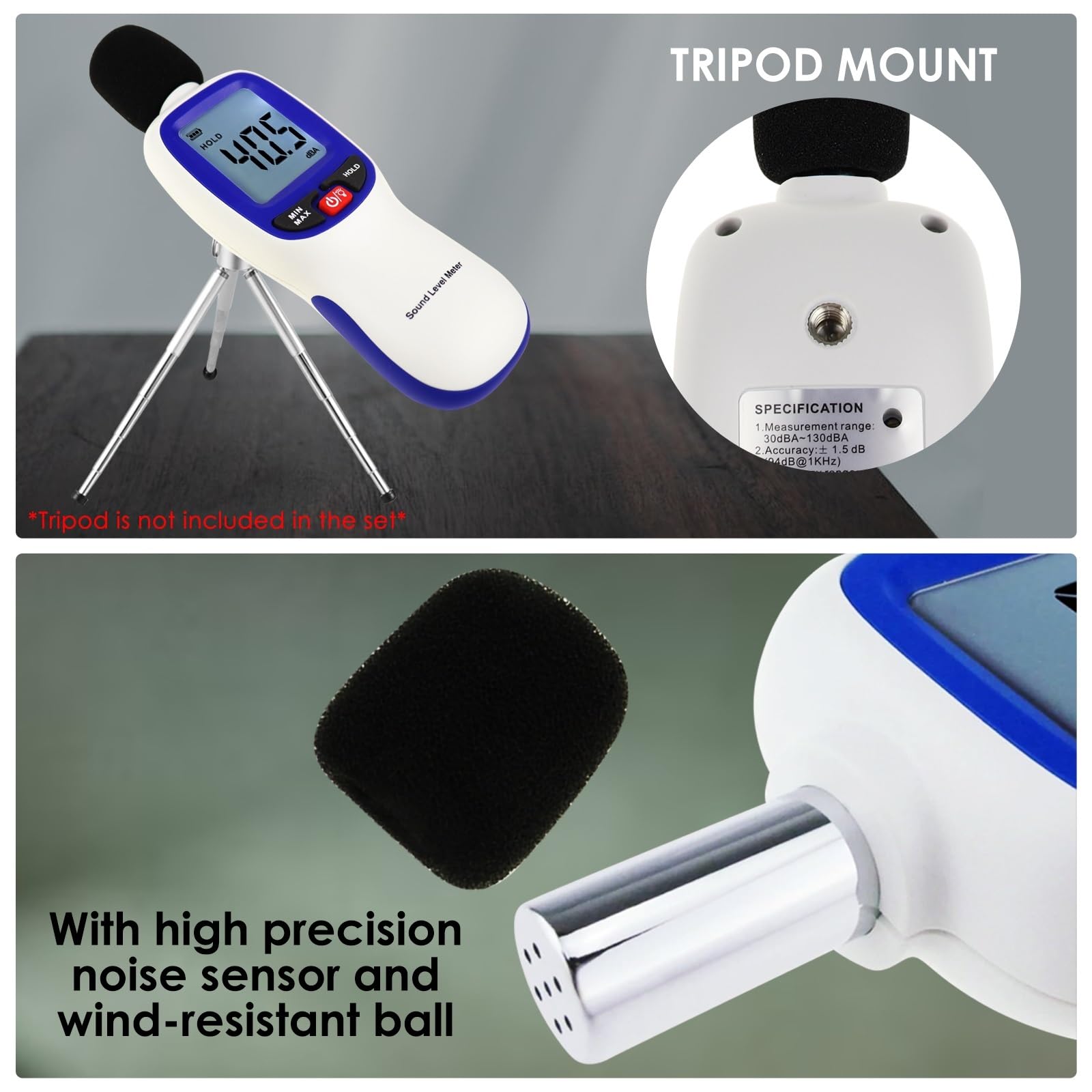 Sensor de Ruido Medidor de Ruido 30~130dBA Probador Inteligente Calibrado fábrica Detector decibelios Ligero Compacto