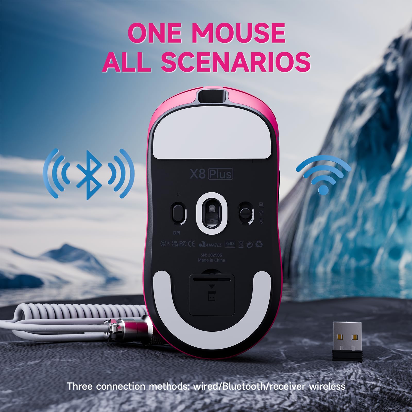 MAMBASNAKE ATTACK SHARK X8PLUS Mouse da Gioco Wireless, Sensore PixArt PAW3395PRO, 40000 DPI, BT/2.4G/Cablato, Mouse Superleggero da 55g, Piedini in PTFE a Doppio Strato, per PC/Xbox/Mac (Rosso Berry)