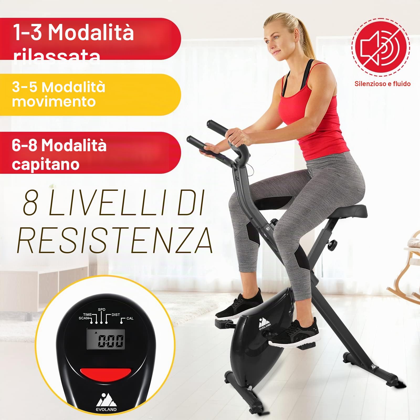 Evolland, bici da ginnastica pieghevoli con display LCD, 8 livelli di resistenza, Ergometro fisso per uso domestico, carico massimo 120 kg