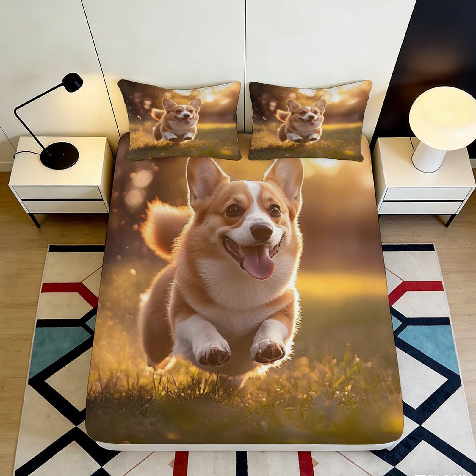 Dhbaneiok Style-6 3D Printed Corgi Running Fitted Sheet Microfiber Soft Bed Cover For Bedroom Guest Room Mattress Protection Decor 90X200x25cm