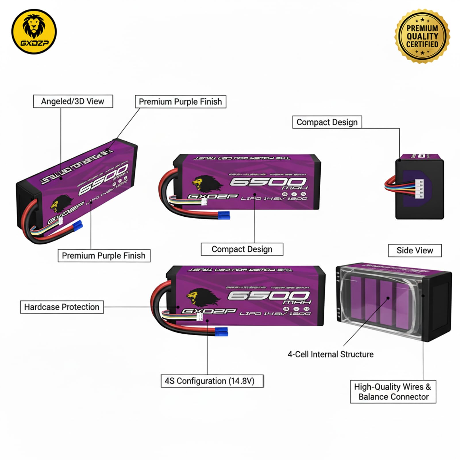2 Batterie LiPo 4S 6500mAh 14.8V 150C EC5 Pack Doppio Massima Potenza Hardcase Custodia Rigida per Auto Buggy Camion Truggy Aereo Drone FPV RC Scala 1/10 1/8 Radiocomandato Modellismo Racing