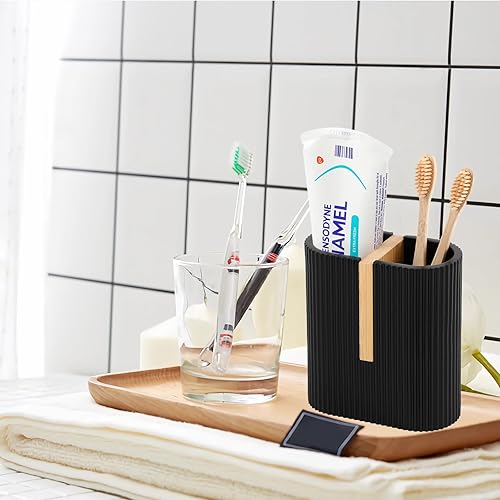 Miniatura 5 de rejomiik Soporte para cepillos de dientes negro mate, soporte eléctrico para cepillos de dientes para baños, cepillo de dientes de bambú y