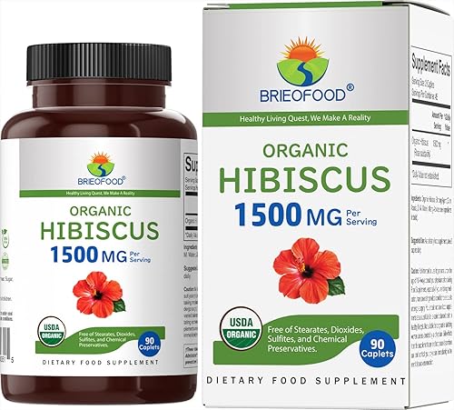 Brieofood Hibisco orgánico 1500 mg, 45 porciones, vegetariano, sin gluten, 90 tabletas vegetarianas