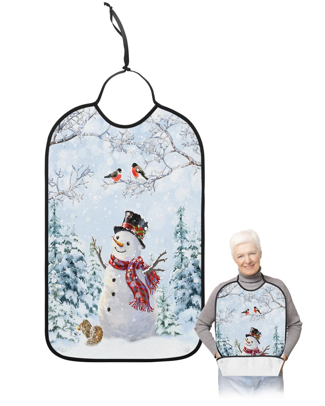 Adult Bibs for Elderly Women - Christmas Snowman Waterproof Dining Clothing Protectors with Crumb Catcher for Eating/Feeding, Xmas Tree Winter Snowflake Birds Terry Cloth Bib Machine Washable