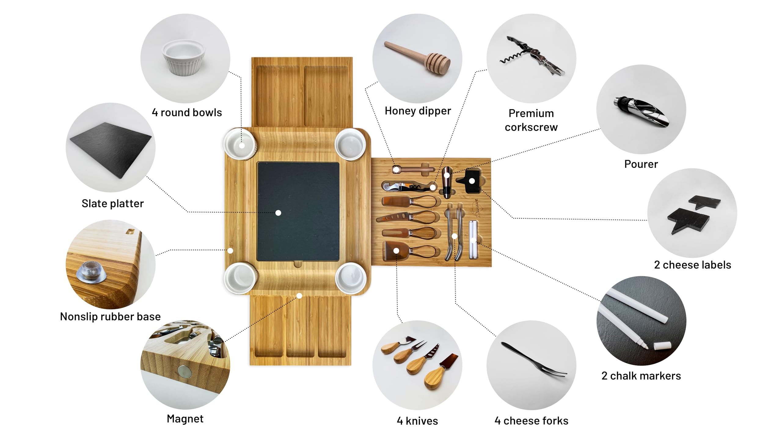 Tagliere in Bambù per Formaggi e Set di Coltelli, Ciotole di Ceramica e Apribottiglie - Tagliere Salumi Legno, Ideale per Serate Gourmet, Regali di Compleanno, Regali di Natale per Donne, Extra Grande