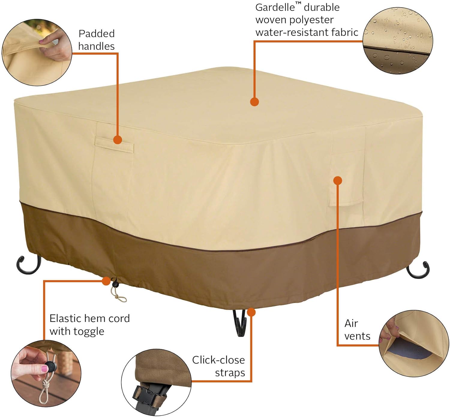 Classic Accessories Veranda Water-Resistant 42 Inch Square Fire Pit Table Cover, Outdoor Table Cover
