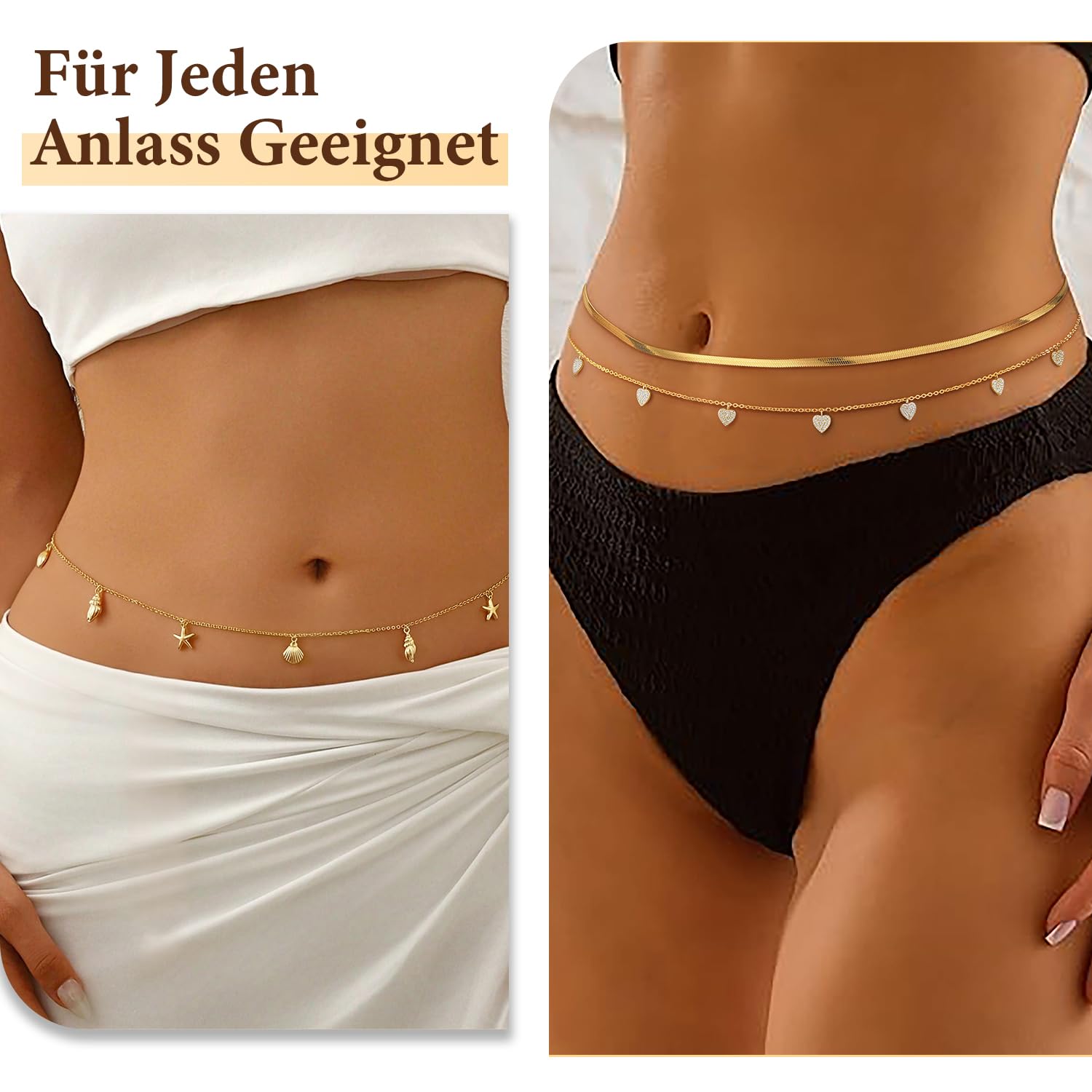 ZOERAY 2 cadenas de cintura doradas resistentes al agua con colgante chapado en oro de 18 quilates para mujer, cadena de cintura multicapa, cadena de cintura dorada, cadena ajustable para el cuerpo