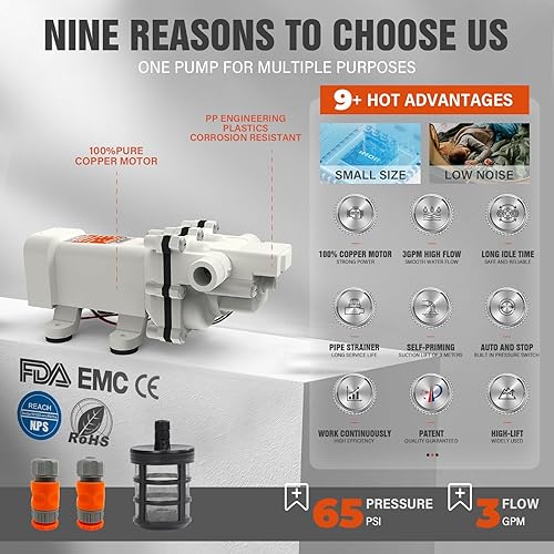 Miniatura 2 de Bomba de presión de agua de 100 W 12 V, bomba de agua autocebante 3GPM 65PSI con interruptor de presión y filtro de tubería de 12 pulgada, adecuada