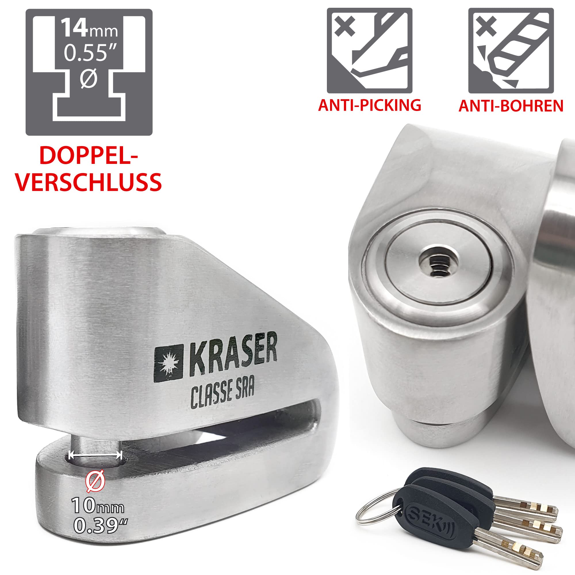 KRASER KR110S Bremsscheibenschloss mit SRA Zulassung, Motorrad Diebstahlsicherung, 10mm Doppelverschluss, 3 Schlüssel + Erinnerungskabel, Rostfreier Stahl, 10 mm