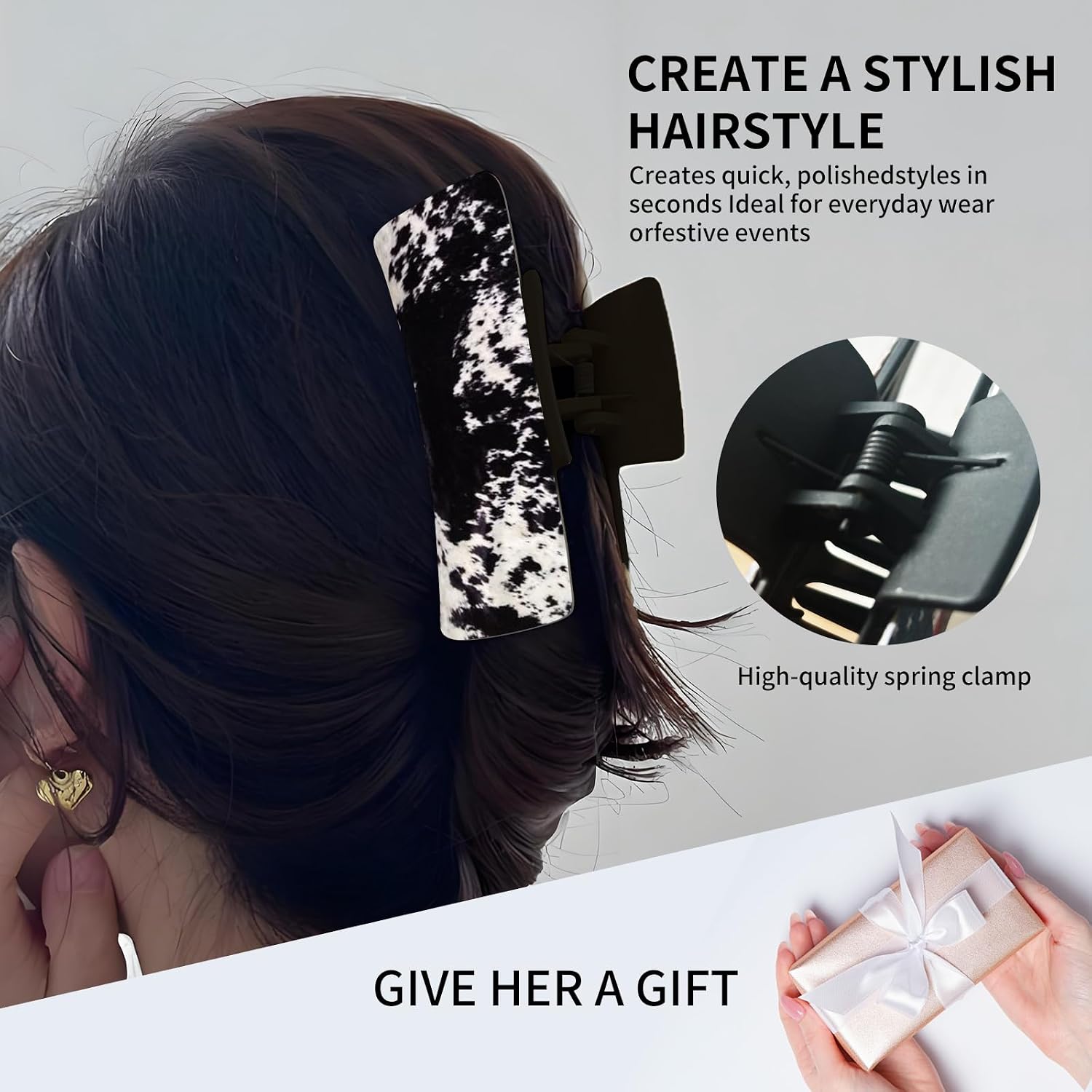 Cute Hair Clips for Women, Large Hair Claw Clips Funny Printed, Strong Hold jaw clips for Thick Hair and Long Hair Black White Cowhide image 2