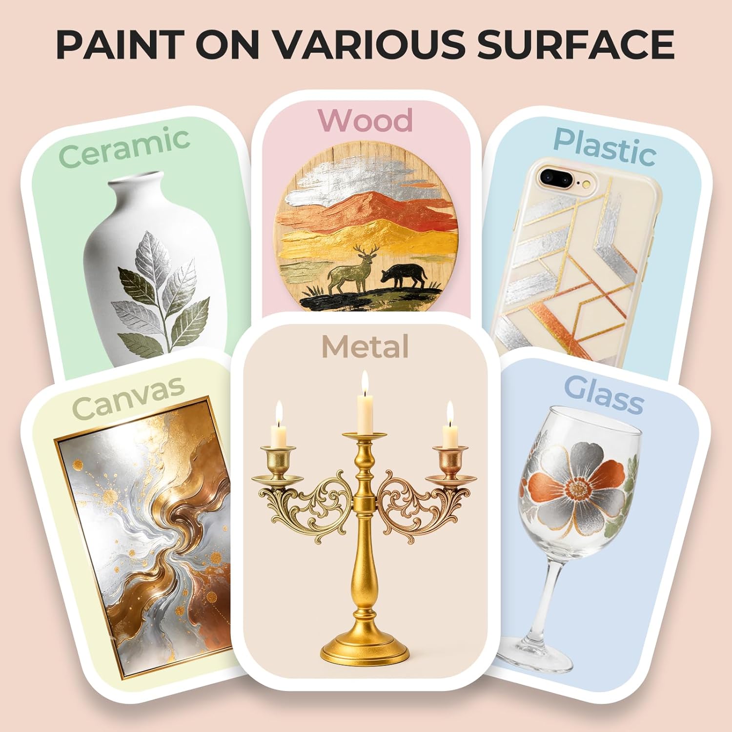 Nicpro Acrylic Paint Metallic, 6 Colors Gold, Silver, Copper, Brass, Bronze, DeepGold, 24oz/720ml Gold Leaf Paint, Non Toxic, Non Fading Paints for Art Painting, Handcrafts, Ideal for Multi-surface