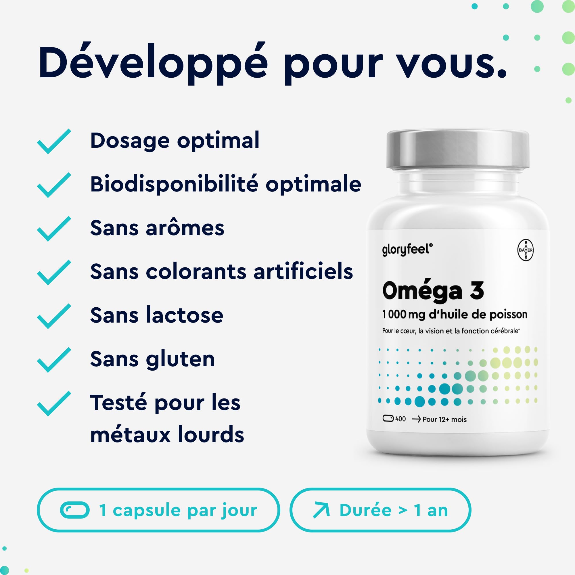 Oméga 3 1000mg Huile de Poissons Sauvages, 400 Gélules Biodisponibles, EPA 180mg DHA 120mg, Haute Concentration Acides Gras, Soutient le Cerveau, Cœur, Tension Artérielle, Sans Additifs