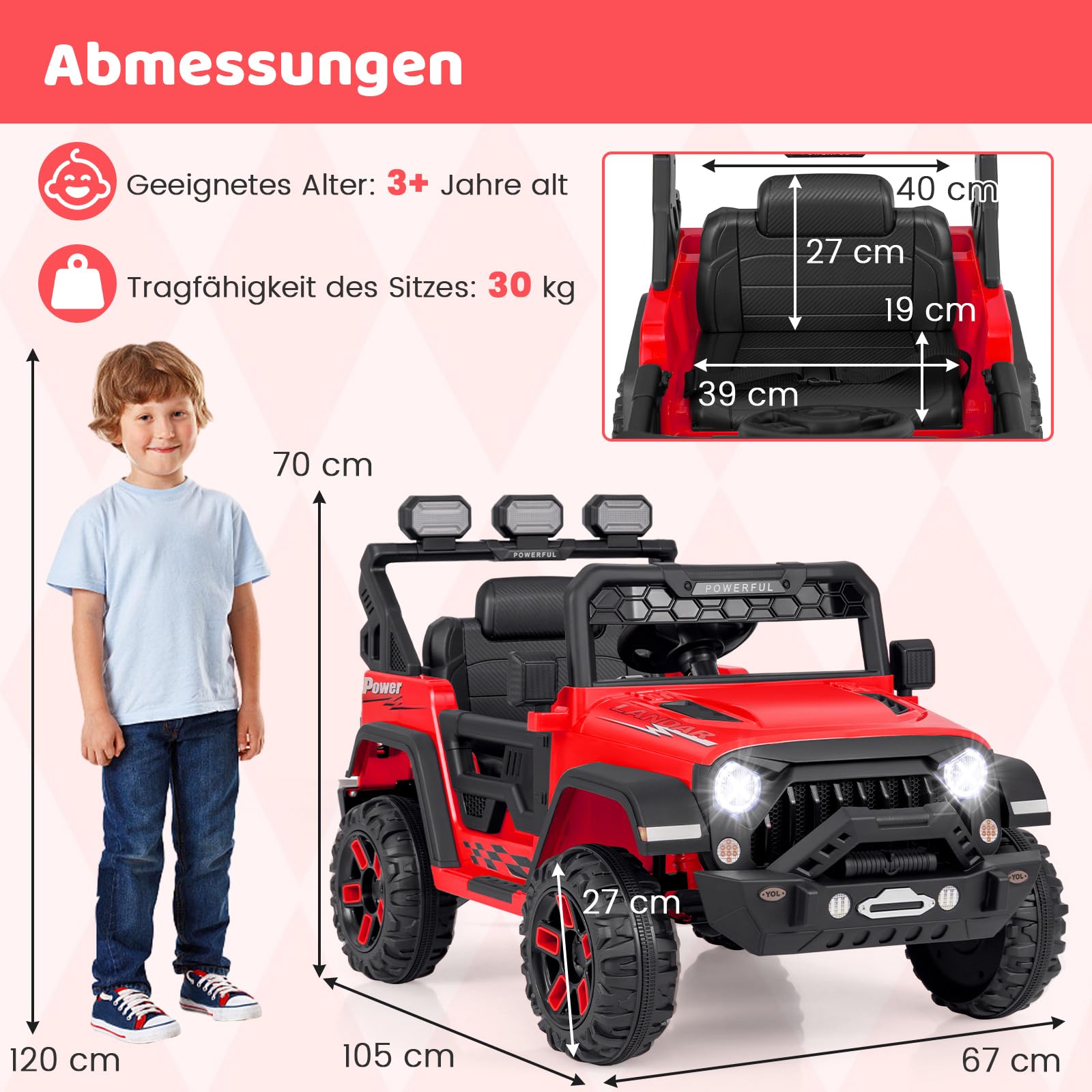COSTWAY Elektroauto, 12V Kinderfahrzeug Elektrisch mit 2,4G Fernbedienung & USB & Licht & Musik, 1-5 km/h, für Kinder ab 3 Jahre (Rot)