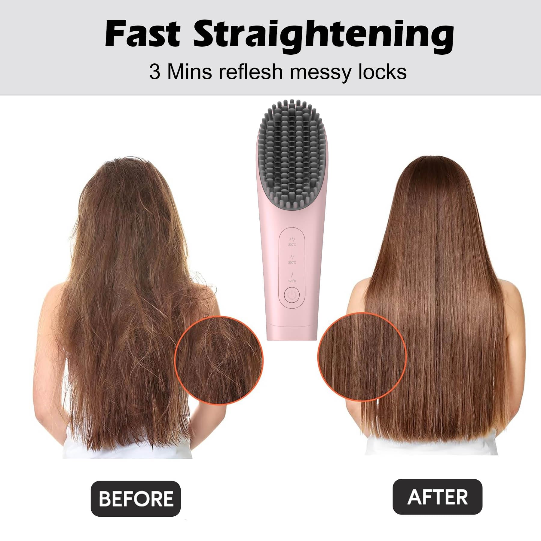 ?CLEARENCE? Cordless Hair Straightener Brush for Women Travel - Fast Heating, True Negative Ions, Portable USB-C Rechargeable Straightening Comb, Battery Operated Heat Hair Styling Tool (Small-Pink)