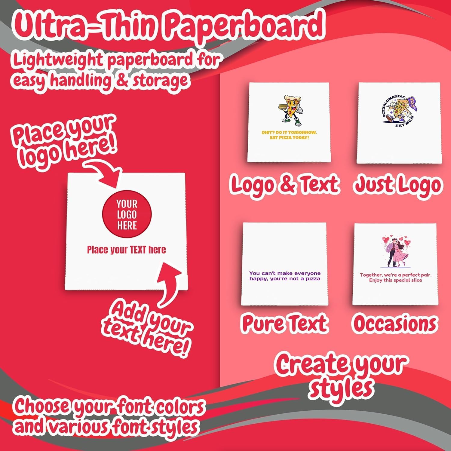 MT Products Custom Printed Pizza Boxes 12" x 12" x 1.9" - Extra Thin White Customizable Pizza Box with Logo (Pack of 15) - Made in the USA