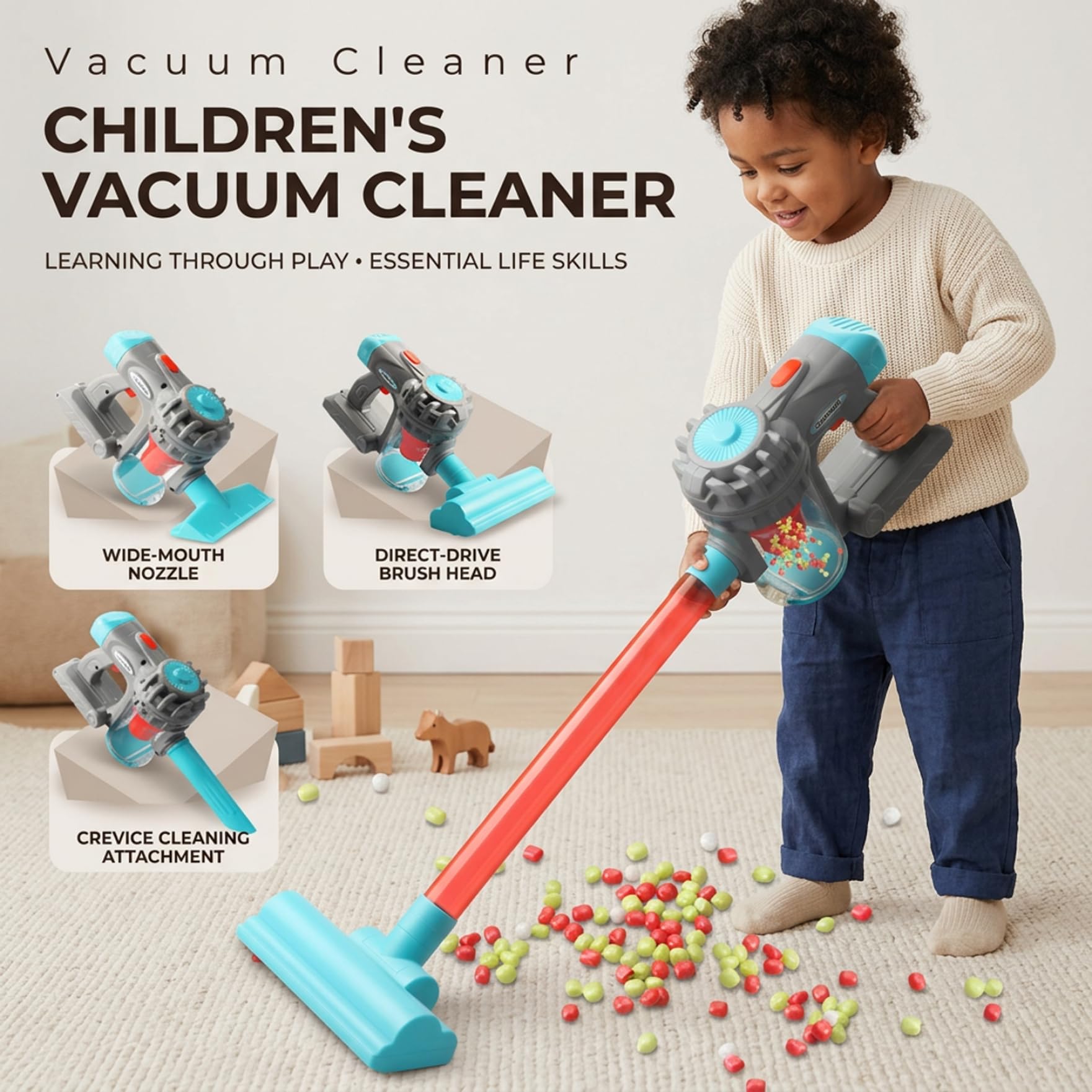 Aspirapolvere per bambini, aspirapolvere realistico per giochi di finzione con 3 accessori e suoni, set di pulizia interattivo per giochi di ruolo per stimolare l'immaginazione dei bambini, Blu.