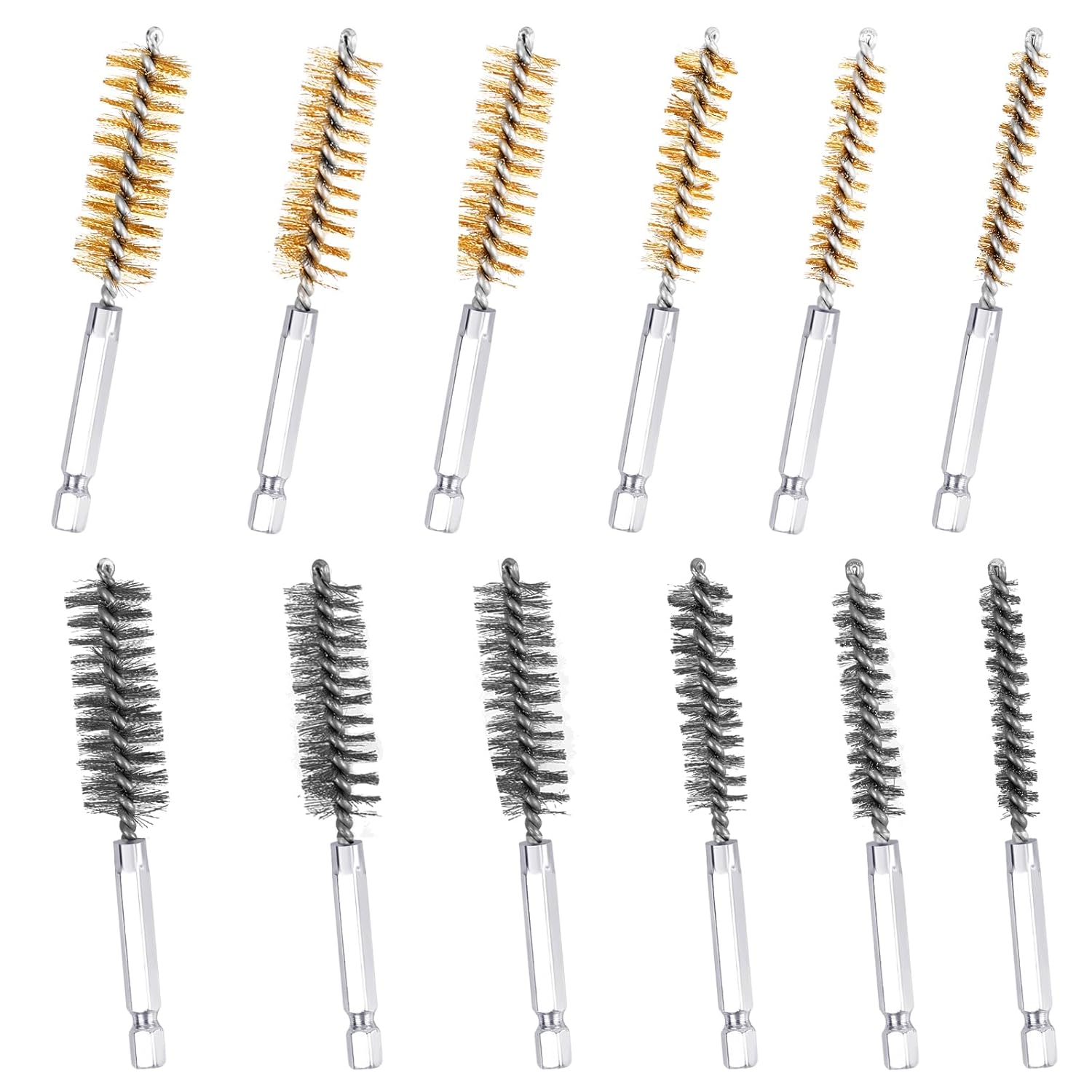 12 pcs Bore Brush for Drill, 6 Size Stainless Steel Bore Brush Kit with Hex Shank Handle, Cleaning Wire for Power Drill Impact Driver (Stainless Steel & Copper)