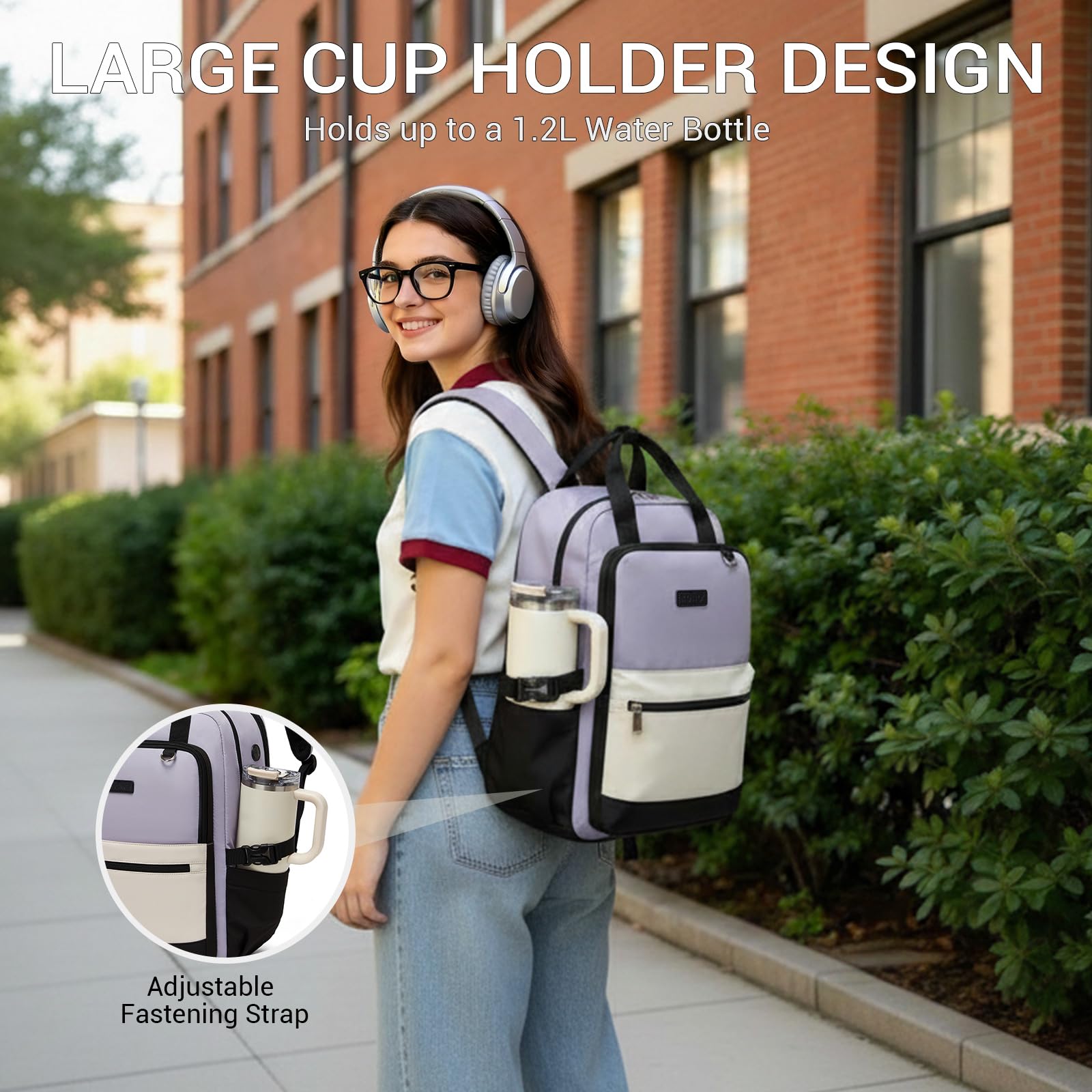 KONO Zaino Donna Porta PC 15,6 Pollici, Impermeabile, Grande Capacità con Tasca Porta Borraccia, Zaino per PC Portatile per Lavoro, Università e Viaggio (Viola/Beige)