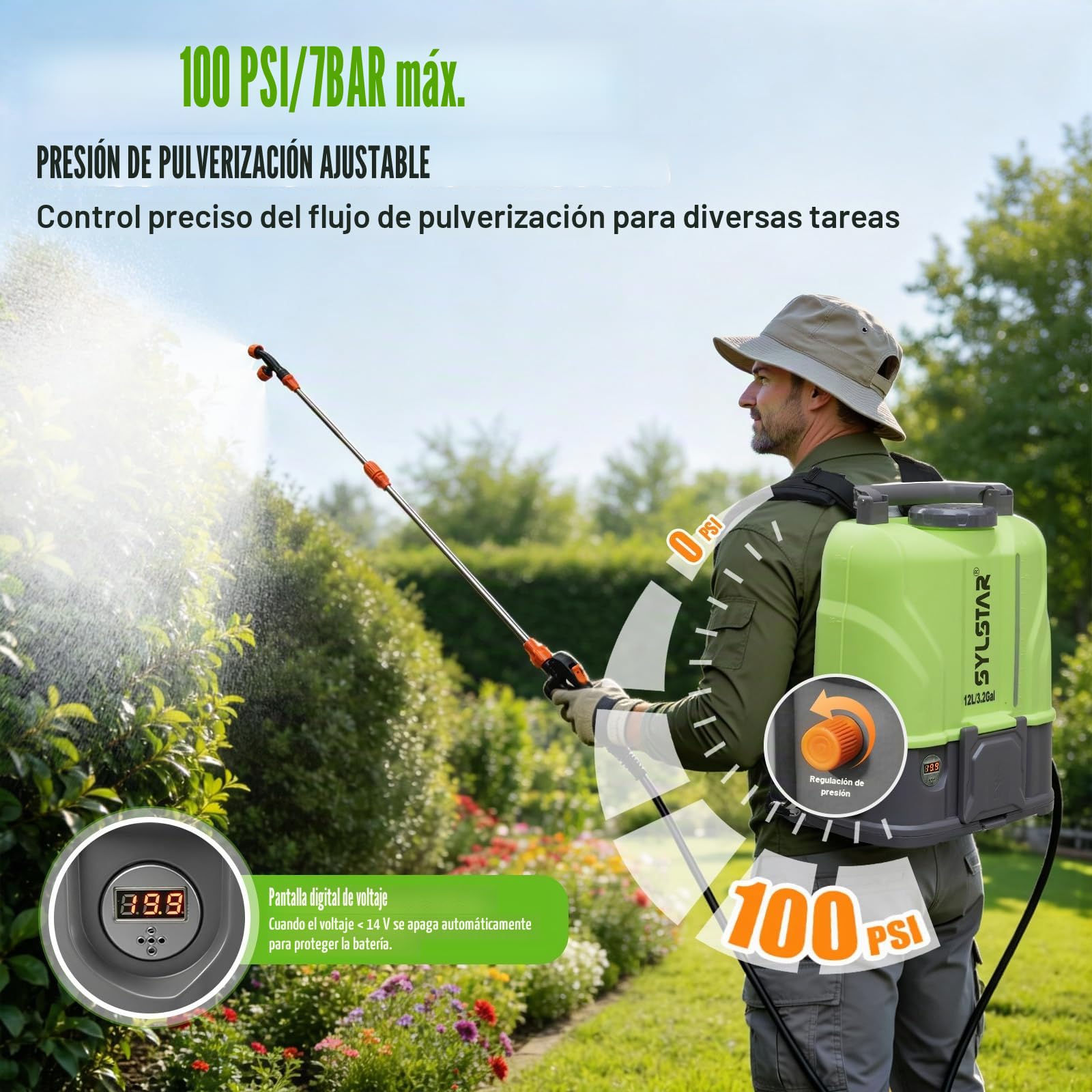 SYLSTAR Pulverizador Electrico 12L, 7Bar Potente Sulfatadora Bateria Compatible con DeWalt 18V, 5 Boquillas Pulverizador Bateria con Fuerza de Pulverización Ajustable (con Cargador)