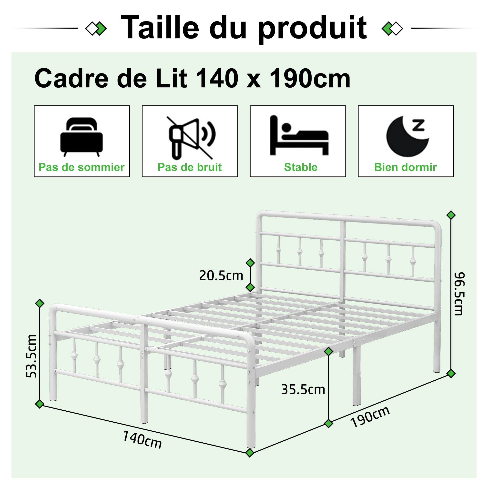 EMODA Lit Double 140 x 190 avec sommier Hauteur de 36cm, Cadre de Lit avec Tête de lit Victorienne, Support en Lattes d’Acier Robuste, Montage Facile, Design Silencieux, Blanc en Métal