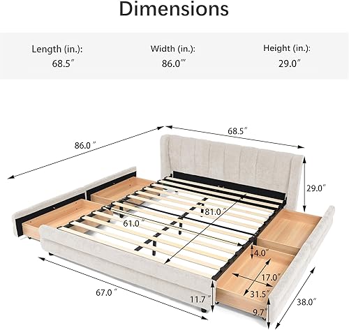 Miniatura 2 de DEINPPA Bastidor de cama tamaño Queen con 4 cajones de almacenamiento y cabecera suave tipo nube, base de madera con tapizado de chenilla, no