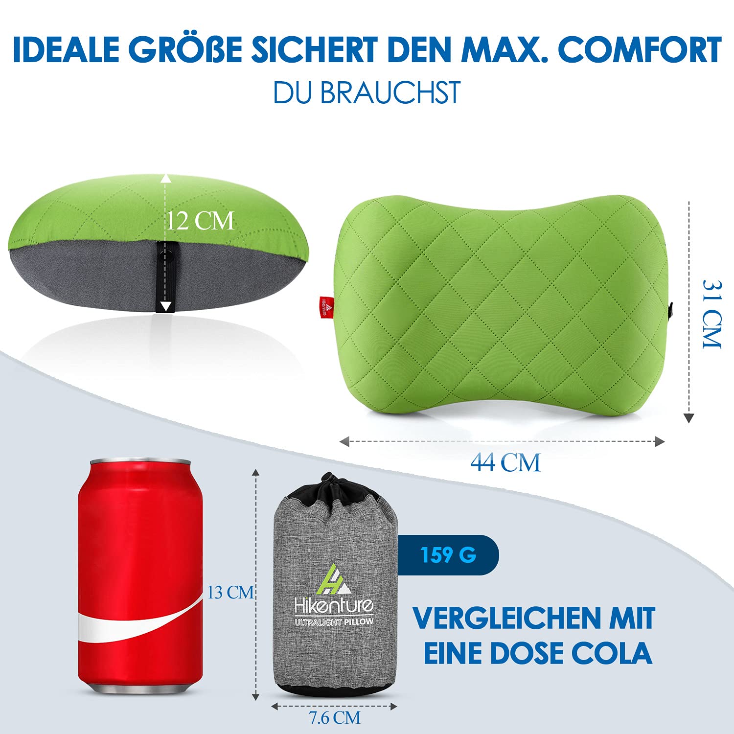 HIKENTURE Aufblasbares Kissen Grün + 10cm Dicke Selbstaufblasende Isomatte mit 9,5 R Wert