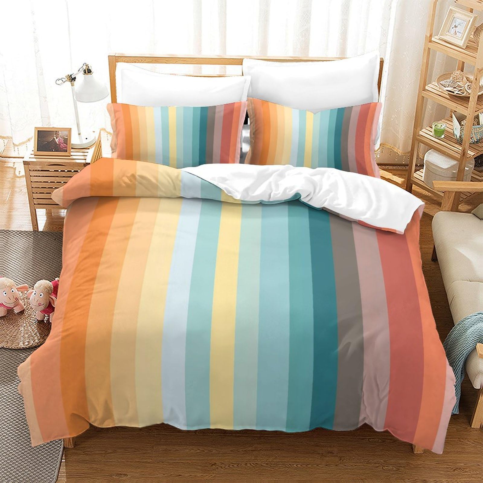 P1S9U7W5Y 3D Printed Colourful Stripe Duvet Cover Set 3pcs Microfiber Modern Stripe Bedding Set King（220x240cm）