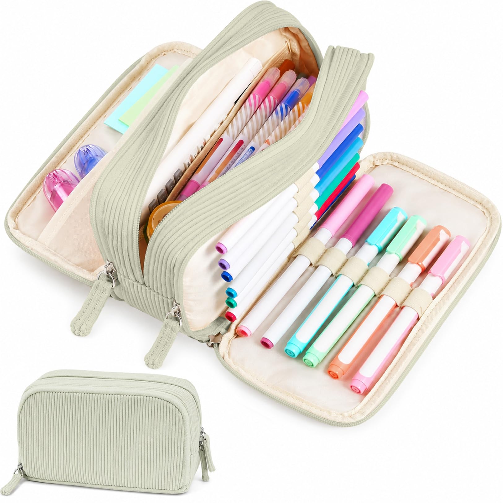 Sooez Estuche grande para lápices, bolsa extra grande con 3 compartimentos, bolsa de pana suave con cremallera, lindo para suministros escolares para adolescentes, color verde