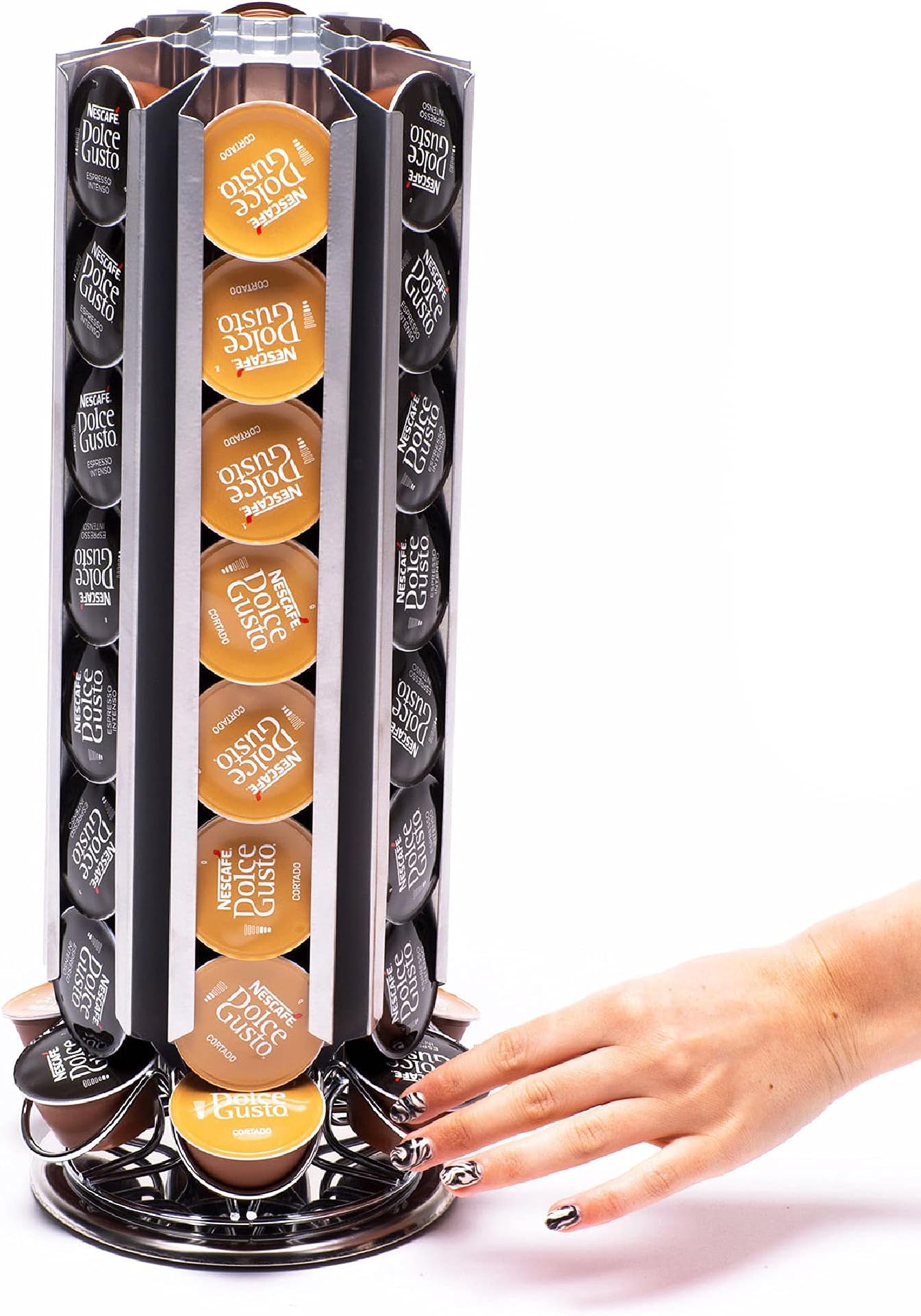 Peak Coffee Revolving Pod Holder for 36 Dolce Gusto Pods - Compatible with Dolce Gusto - Coffee Capsule Storage, Organiser & Dispenser - Rotating Tower Rack - Modern Chrome & Silver Finish